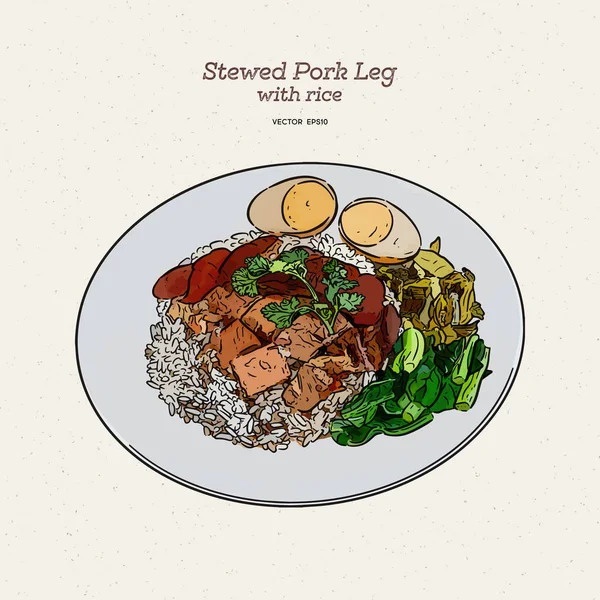Тушеная свиная нога рис с яйцом в коричневом сладком соусе, рука рисовать ск — стоковый вектор