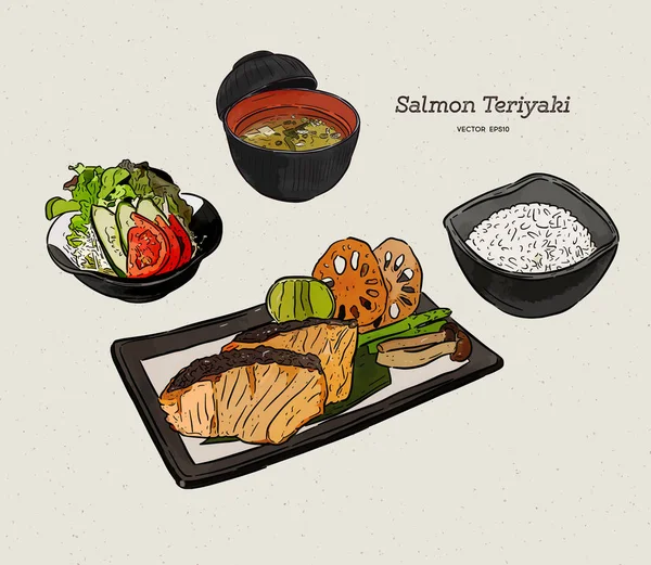 Salmão teriyaki, comida japonesa. Desenho manual esboço vetor . — Vetor de Stock