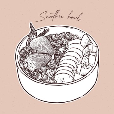 Çilekli, yaban mersinli, kivili smoothie kahvaltı kasesi.