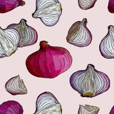 Red onion, seamless pattern. Hand draw sketch vector.