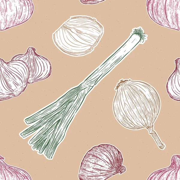 Onion set, green, red and yellow onion, hand draw vegetableseaml — 스톡 벡터