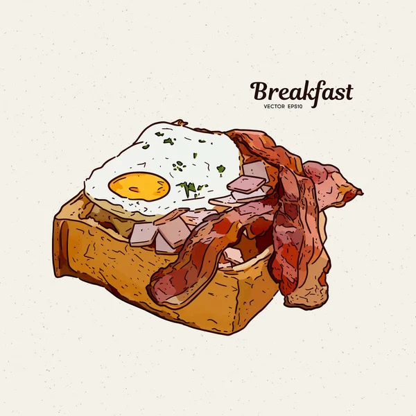 Desayuno en tostadas con huevos y tocino. dibujo a mano bosquejo vector . — Archivo Imágenes Vectoriales