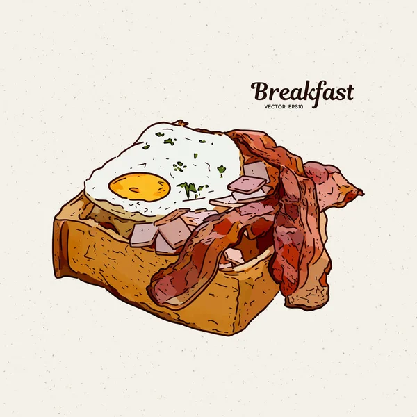 Petit déjeuner grillé avec œufs et bacon. dessin à la main vecteur de croquis . — Image vectorielle