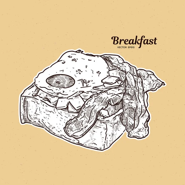 Desayuno en tostadas con huevos y tocino. dibujo a mano bosquejo vector . — Vector de stock