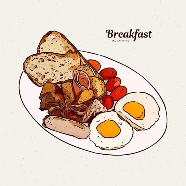 Breakfast plate with sausages, eggs, ham, toast, grilled potatoe - Stok Vektor