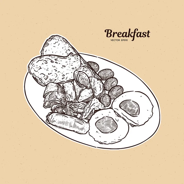 Ontbijtbord met worst, eieren, ham, toast, gegrilde aardappel — Stockvector