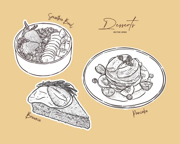 デザート、スムージーボウル、パンケーキとブラウニーのセットの上にv — ストックベクタ