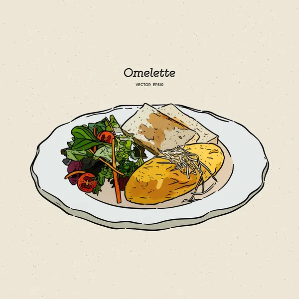 Omelete com queijo, salada e torradas. Pequeno-almoço, mão desenhar sk —  Vetores de Stock
