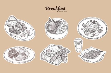 Breakfast brunch healthy start day options food collection with american breakfast style, omlette, egg in toast, smoothie bowl, pancake and coffee with crossiant. Hand draw sketch vector illustration vector Breakfast brunch healthy start day options food collection with american breakfast style, omlette, egg in toast, smoothie bowl, pancake and coffee with crossiant. Hand draw sketch vector illustration vector