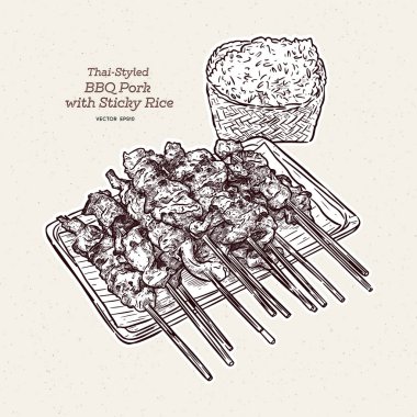 Grilled pork and sticky rice of thai street fast food style, hand draw sketch vector. clipart