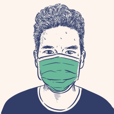 Bulaşıcı hastalıklara karşı koruma, koronavirüs. Enfeksiyonu önlemek için hijyenik maske takan adam, grip gibi hava yoluyla bulaşan solunum hastalığı, 2019-nCoV. El çizimi çizim vektörü.