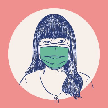 Bulaşıcı hastalıklara karşı koruma, koronavirüs. Enfeksiyonu önlemek için hijyenik maske takan kadın, grip gibi hava yoluyla bulaşan solunum hastalıkları, 2019-nCoV. El çizimi çizim vektörü.