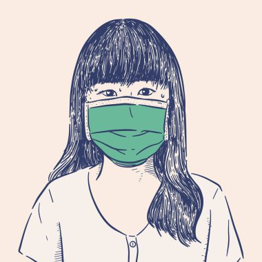 Bulaşıcı hastalıklara karşı koruma, koronavirüs. Enfeksiyonu önlemek için hijyenik maske takan kadın, grip gibi hava yoluyla bulaşan solunum hastalıkları, 2019-nCoV. El çizimi çizim vektörü.