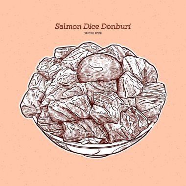 Somon dilimlenmiş pirinç kasesi, çizim vektörü..