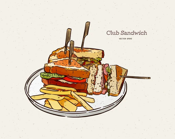 Клубный Сэндвич Картошкой Фри Вектор Рисования Вручную — стоковый вектор