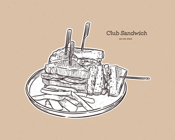 Club Sandwich Fries Hand Draw Sketch Vector — Stock Vector