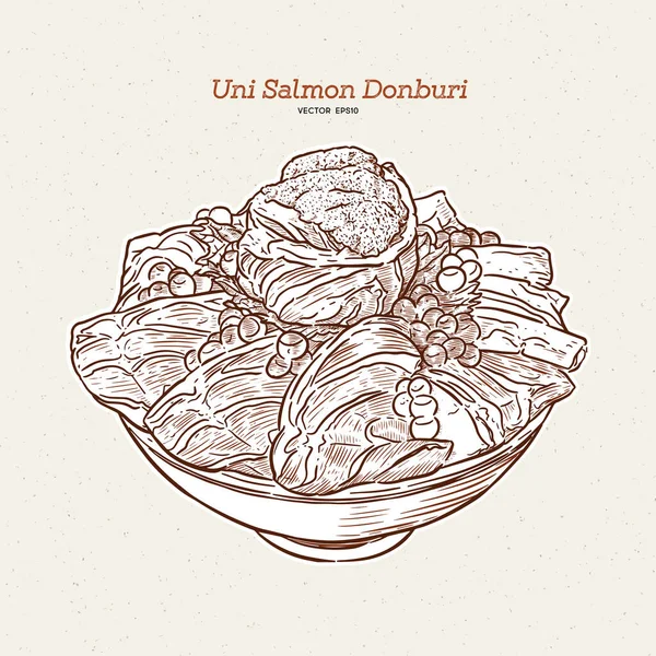 Uni Saumon Donbuti Dessin Main Croquis Nourriture Japonaise — Image vectorielle