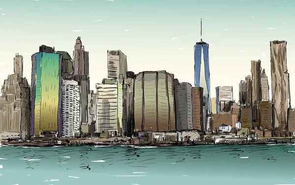 Skizze des Stadtbildes in New York zeigt Manhattan Midtown mit Skyline — Stockvektor