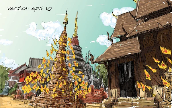 Szkic cityscape Tajlandii świątyni Pokaż Azji stylu, ilustracja — Wektor stockowy