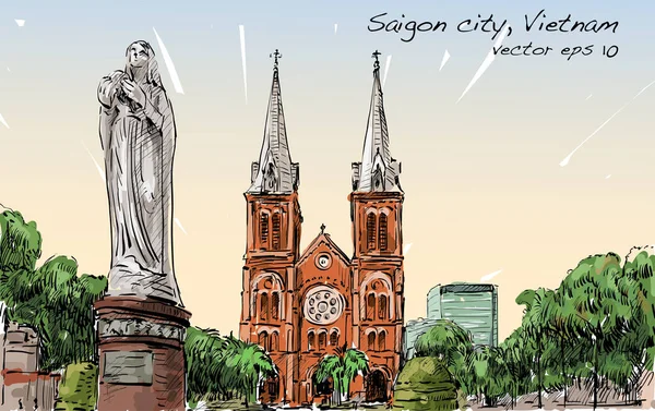 Ho Chi Minh City kroki cityscape göstermek Saigon Notre-Dame — Stok Vektör