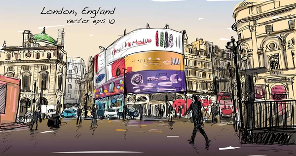 Panoráma města kreslení skici v Londýně v Anglii, Ukázat chůze na ulici — Stockový vektor