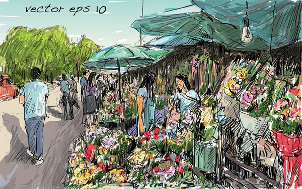 Szkic gród Pokaż targu kwiatowego na ulicy w Tajlandii, illutr — Wektor stockowy