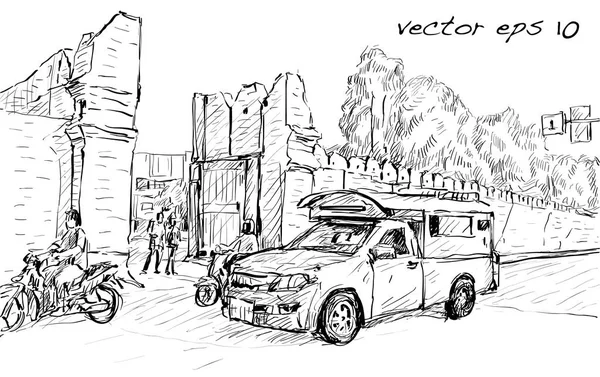Sketsa pemandangan kota menunjukkan gaya asia trafic di jalan dan buildin - Stok Vektor