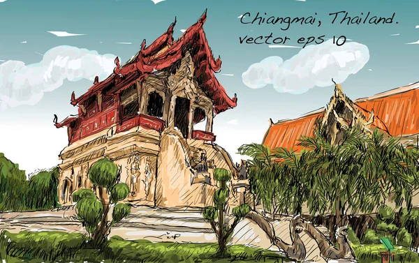 Sketsa pemandangan kota menunjukkan gaya asia ruang kuil di Thailand, il - Stok Vektor