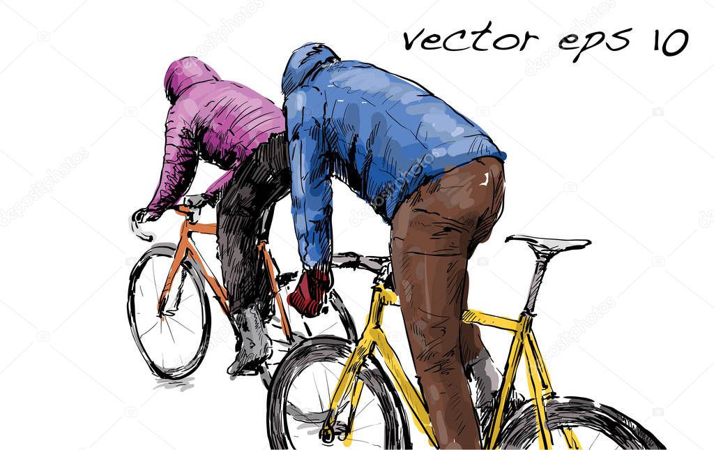 Sketch of cyclist riding fixed gear bicycle on street, illustrat