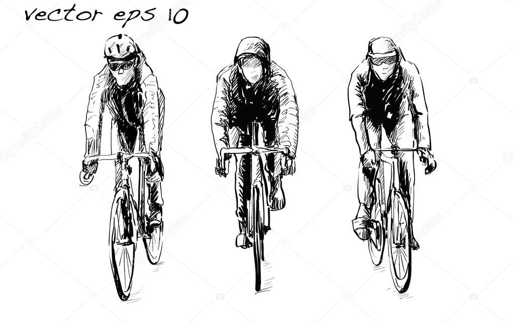Sketch of cyclist riding fixed gear bicycle on street, illustrat