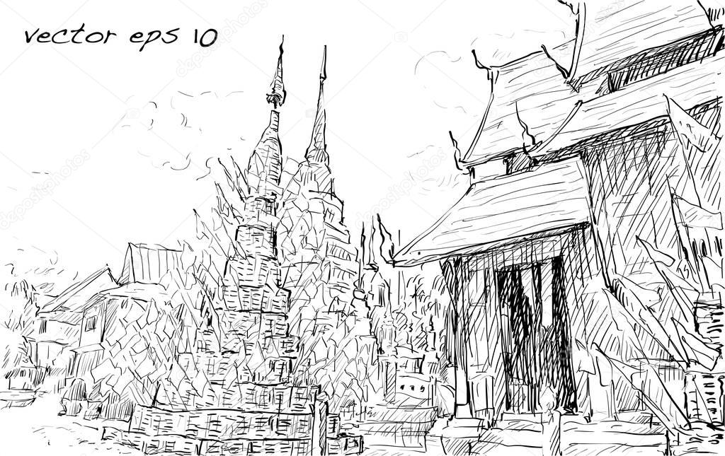 Sketch cityscape of Thai temple show asia style, illustration ve