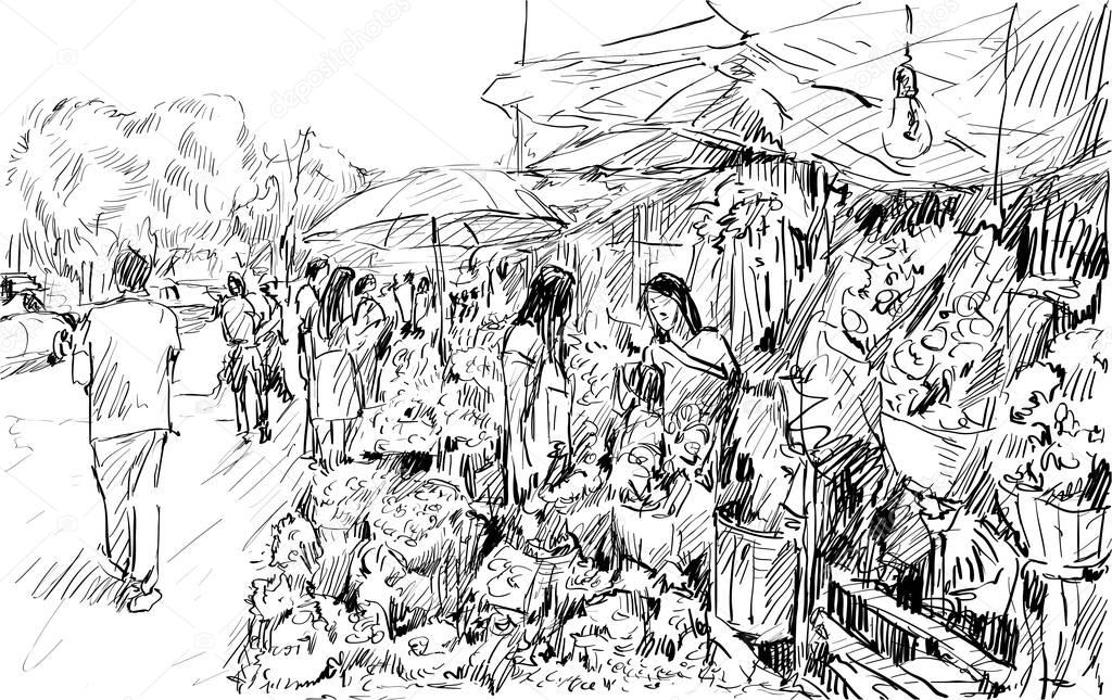 sketch of cityscape show flower market on street in Thai, illutr