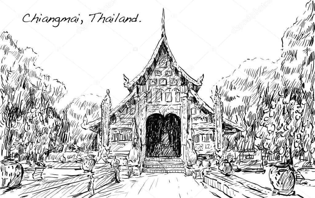 sketch of cityscape show asia style temple space in Thailand, il