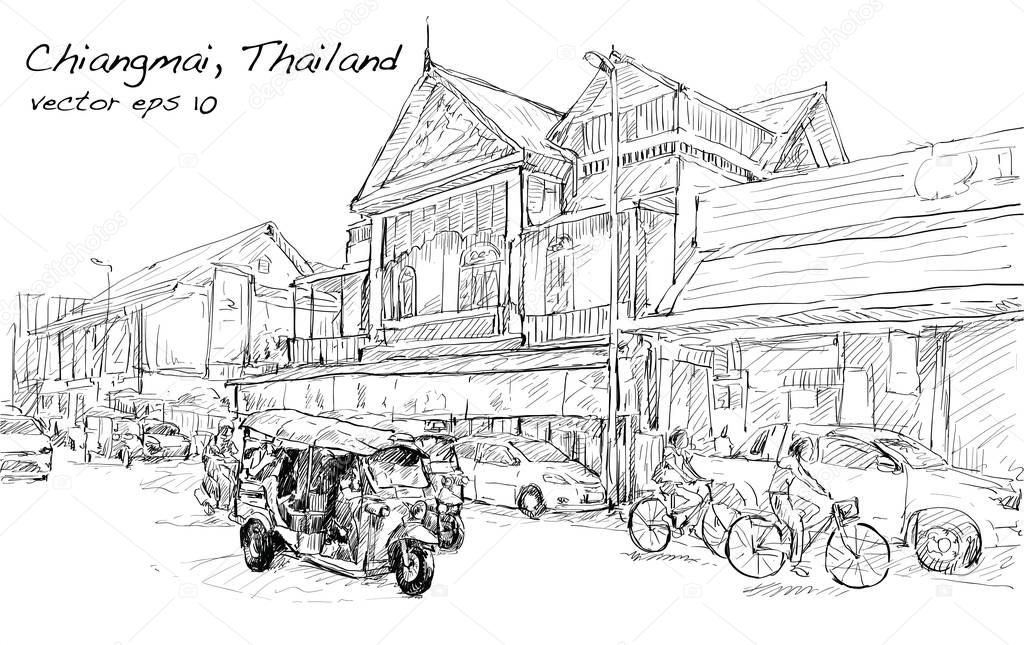 sketch of cityscape show asia style trafic on street and buildin