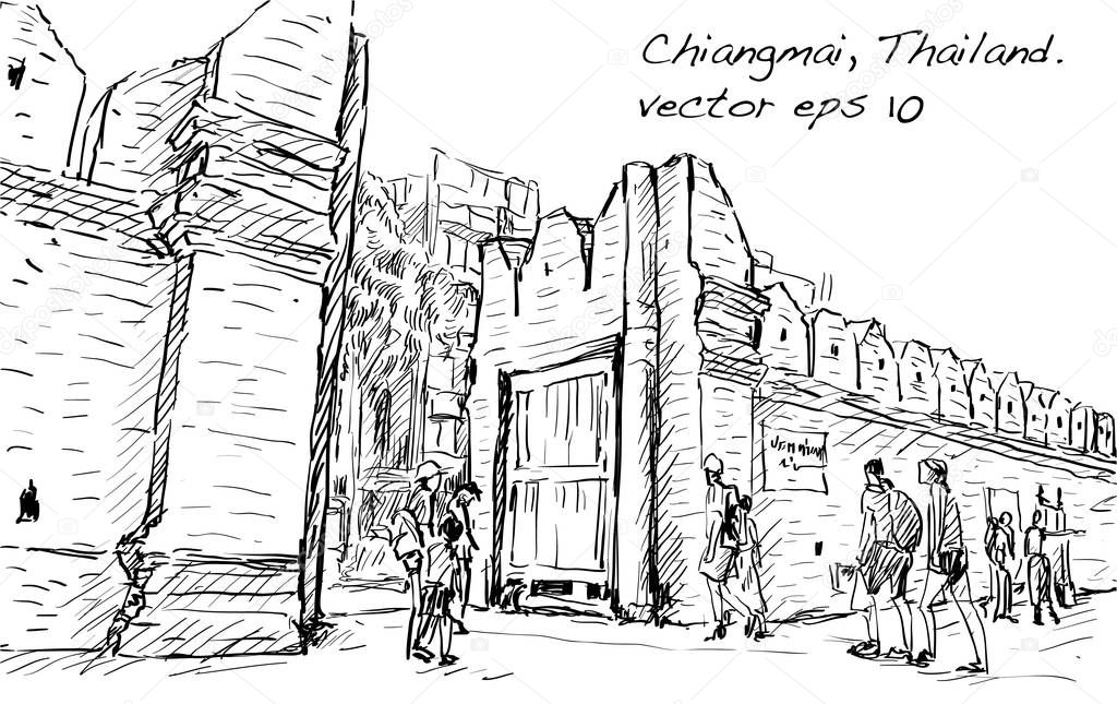 sketch of cityscape show aisa heritage Tha Phae gaet in Chiangma