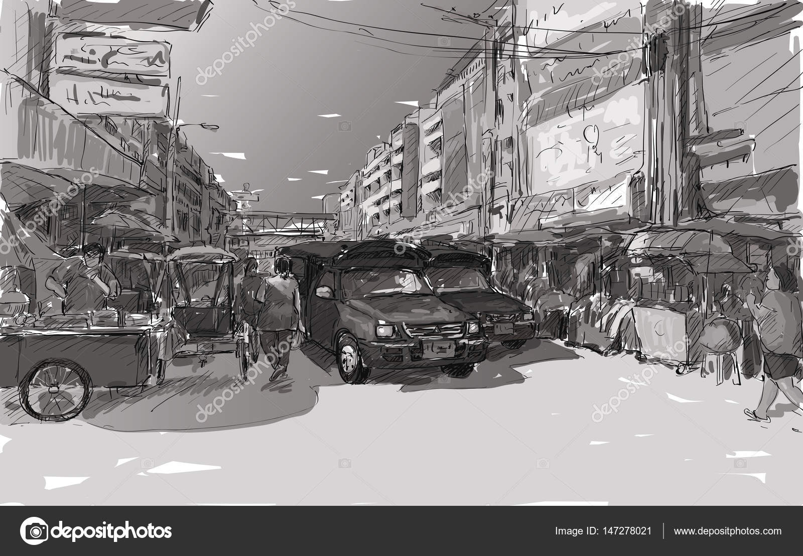 Premium Photo | A drawing of cars in a busy street with a building in the  background.