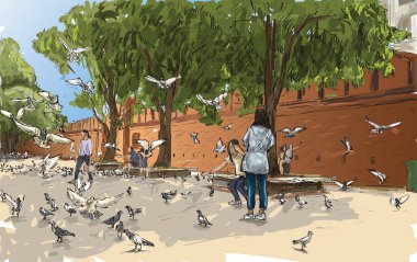 Sketch cityscape of Chiangmai, Thailand, show gate Tha Phae and tourism with pegions, illustration vector 