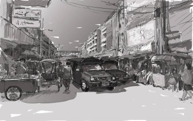 Sketch cityscape of Chiangmai, Thailand, show red car local transportation at market, illustration vector