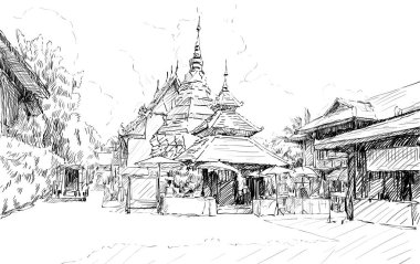 Sketch cityscape of Chiangmai, Thailand, show local temple Wat Doung Dee, illustration vector