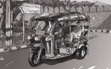 Sketch cityscape of Chiangmai, Thailand, show local motor tricycle Tuk on street, illustration vector