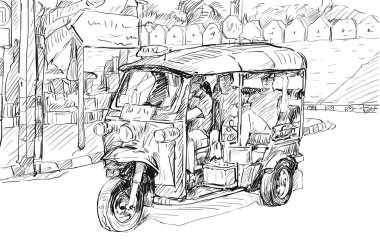 Sketch cityscape of Chiangmai, Thailand, show local motor tricycle Tuk on street, illustration vector
