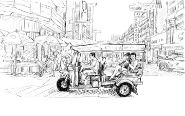 Sketch cityscape of Chiangmai, Thailand, show local motor tricycle Tuk on street, illustration vector