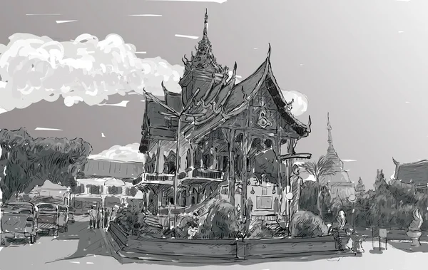 Skiss Över Stadsbilden Visa Asien Stil Tempel Utrymme Thailand Illustration — Stock vektor