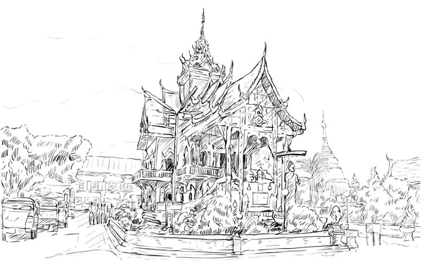 Skiss Över Stadsbilden Visa Asien Stil Tempel Utrymme Thailand Illustration — Stock vektor