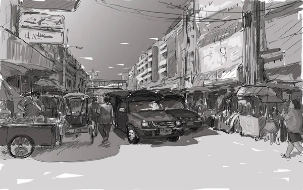 泰国清迈的素描城市景观显示 红色汽车在当地市场上的交通 说明病媒 — 图库矢量图片