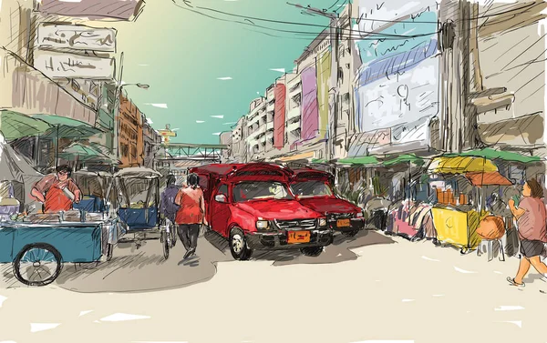 Sketch Cityscape Chiangmai Thailand Show Red Car Local Transportation Market — 스톡 벡터