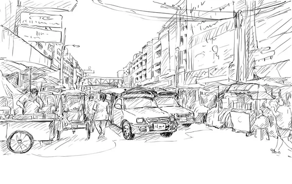 Sketch Cityscape Chiangmai Thailand Show Red Car Local Transportation Market — Stockvektor