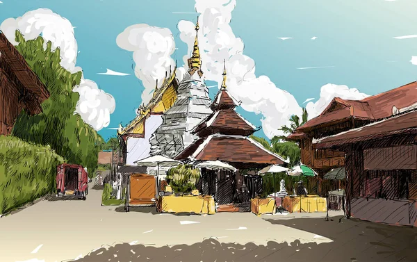 Sketch Cityscape Chiangmai Thailand Show Local Temple Wat Doung Dee — ストックベクタ