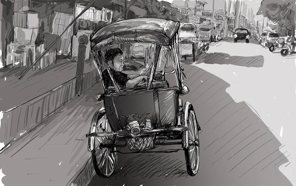 Sketch Cityscape Chiangmai Thailand Show Local Tricycle People Illustration Vector — Stock vektor