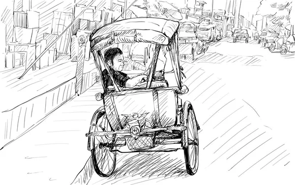 Эскиз Города Чиангмай Таиланд Показать Местный Трицикл Людей Вектор Иллюстрации — стоковый вектор